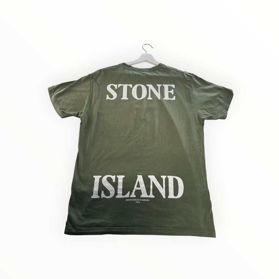 Secondstore olive green Stone Island cotton t-shirt with large white graphic branding on the back