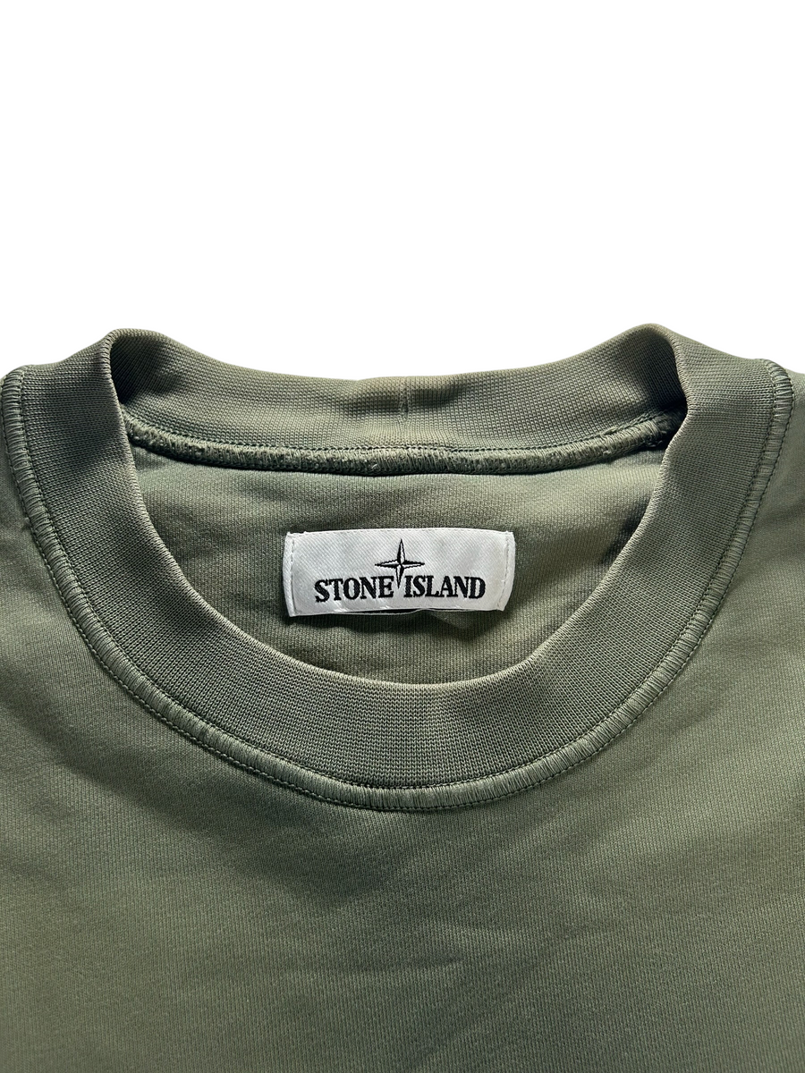 Secondstore Stone Island olive green cotton crewneck sweatshirt with branded neck label