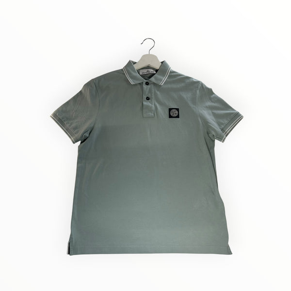 Secondstore sage green Stone Island cotton pique polo shirt with collar tipping and iconic chest compass patch