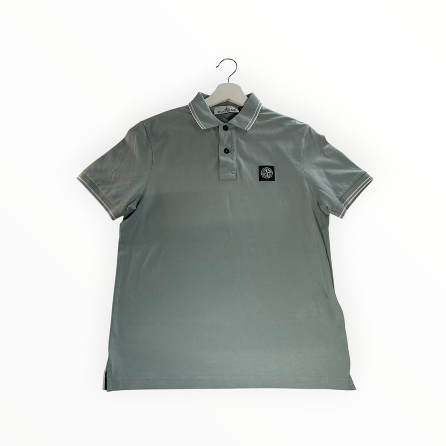 Secondstore sage green Stone Island cotton pique polo shirt with collar tipping and iconic chest compass patch