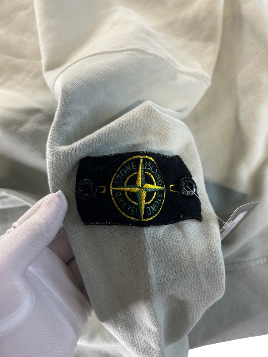 Secondstore Stone Island sage green cotton sweatshirt featuring the iconic detachable compass sleeve patch