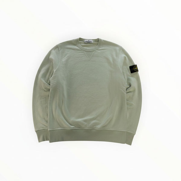 Secondstore Stone Island sage green cotton crewneck sweatshirt with signature compass badge on the left sleeve.