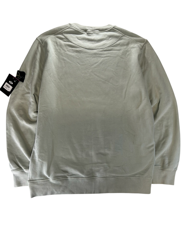Secondstore Stone Island sage-green cotton crewneck sweatshirt with iconic compass patch on the sleeve