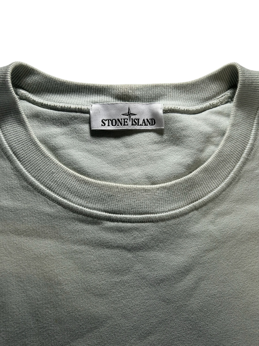 Secondstore Stone Island sage-green cotton crewneck sweatshirt featuring a ribbed collar and brand label detail