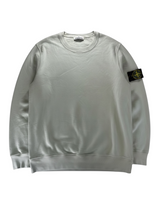 Secondstore Stone Island sage-green cotton crewneck sweatshirt with iconic compass sleeve patch and ribbed trim.