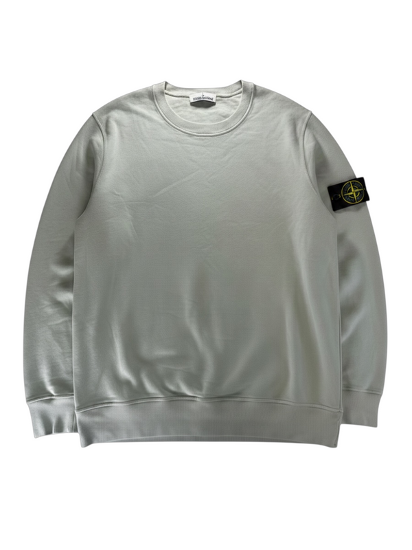 Secondstore Stone Island sage-green cotton crewneck sweatshirt with iconic compass sleeve patch and ribbed trim.