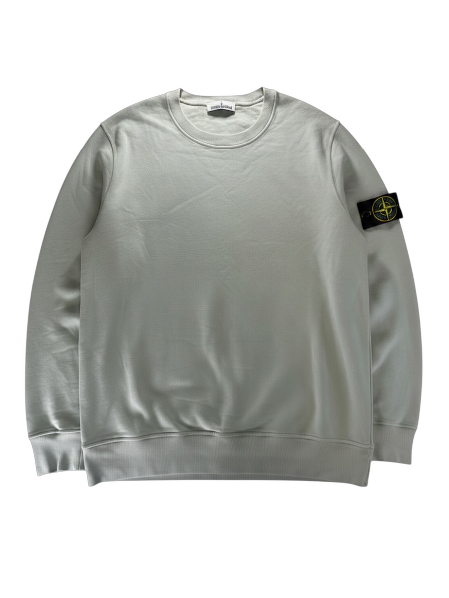 Secondstore Stone Island sage-green cotton crewneck sweatshirt with iconic compass sleeve patch and ribbed trim.