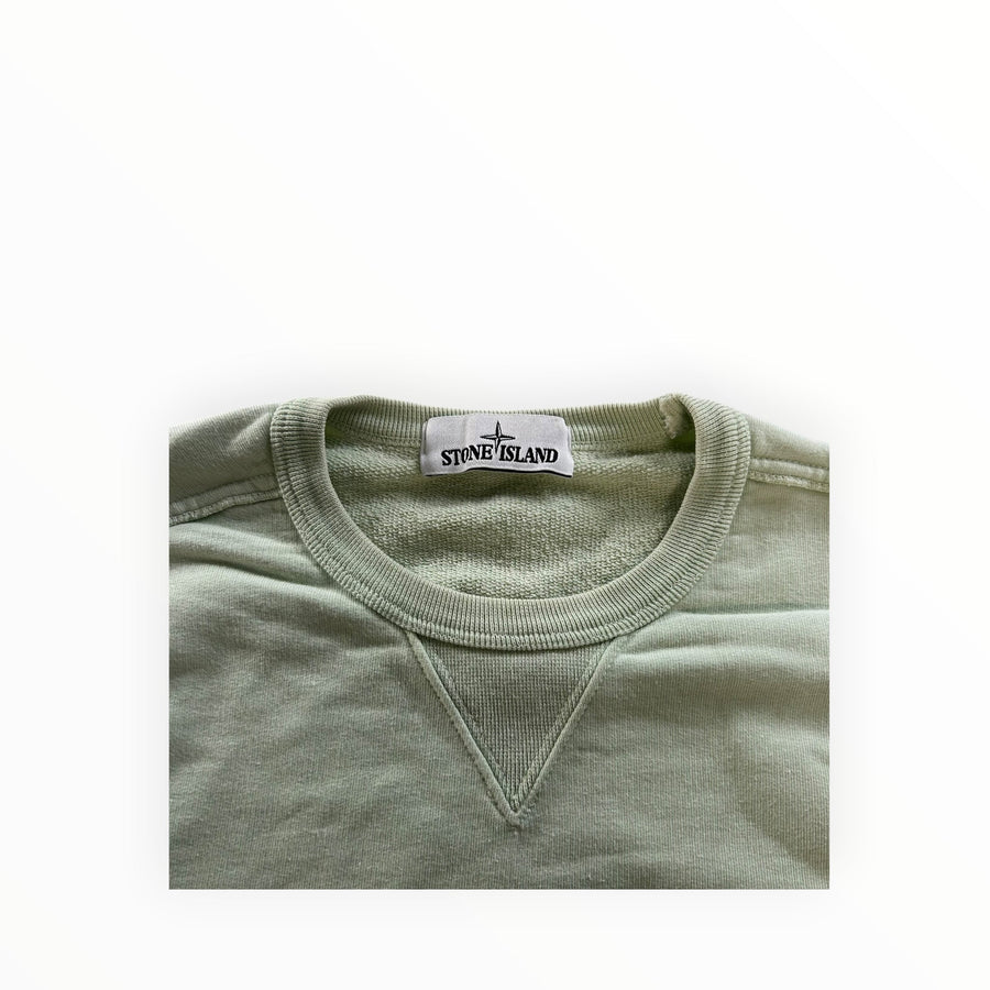 Secondstore Stone Island sage green cotton crewneck sweatshirt with a classic ribbed V-insert neckline detail