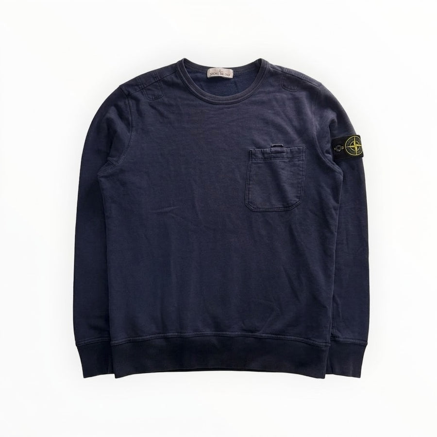 Sweat-shirt Secondstore Stone Island bleu marine en coton avec col rond, poche poitrine et badge boussole sur la manche