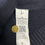 Secondstore Stone Island navy ribbed sweater interior label with Certilogo QR code and size XL tag