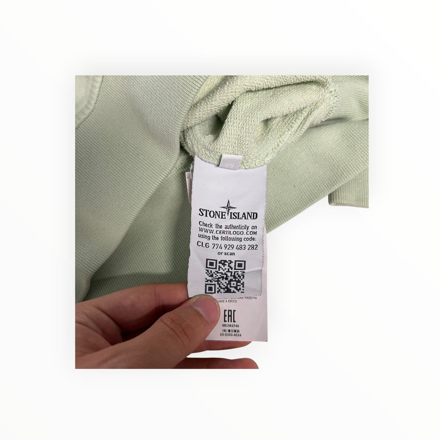 Secondstore Stone Island sage green crewneck sweatshirt interior authenticity label with Certilogo QR code