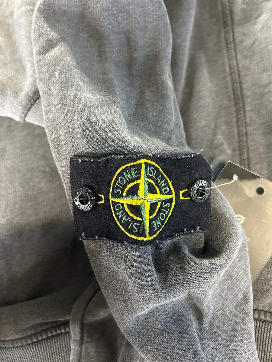 Secondstore Stone Island charcoal grey cotton crewneck sweatshirt featuring the iconic compass patch on the sleeve