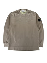 Secondstore Stone Island taupe ribbed long sleeve crewneck sweater with iconic compass patch on the left sleeve.