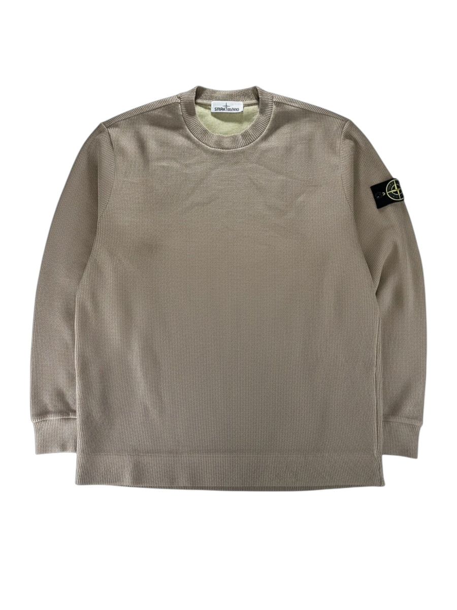 Secondstore Stone Island taupe ribbed long sleeve crewneck sweater with iconic compass patch on the left sleeve.