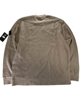 Secondstore Stone Island taupe ribbed crewneck sweater with iconic compass patch on the sleeve, back view.