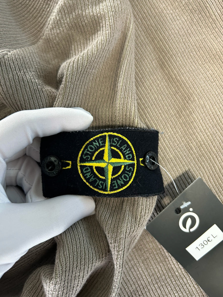 Secondstore taupe Stone Island ribbed crewneck sweater featuring the iconic compass patch on the sleeve