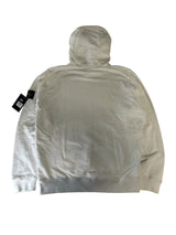 Back view of a white Secondstore STONE ISLAND cotton hoodie with a hood and signature compass patch on the sleeve