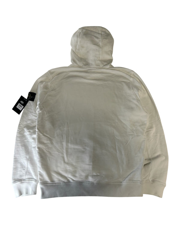 Back view of a white Secondstore STONE ISLAND cotton hoodie with a hood and signature compass patch on the sleeve