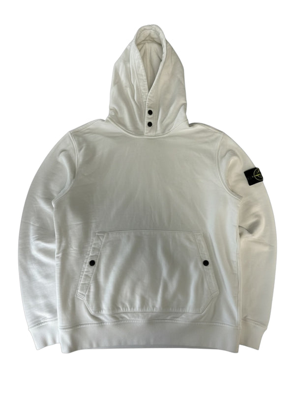 Secondstore white Stone Island cotton pullover hoodie with button-detailed hood, kangaroo pocket, and compass patch.