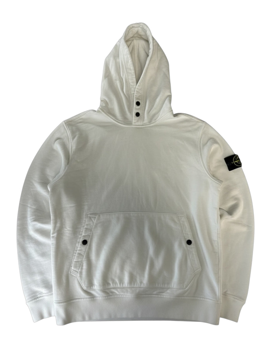 Secondstore white Stone Island cotton pullover hoodie with button-detailed hood, kangaroo pocket, and compass patch.