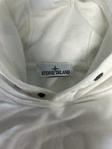 Secondstore white Stone Island cotton hoodie featuring a branded neck label and button detail on the hood