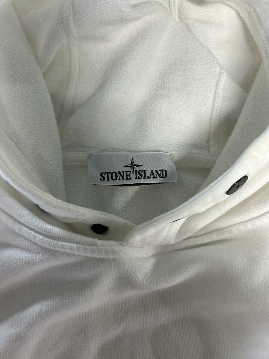 Secondstore white Stone Island cotton hoodie featuring a branded neck label and button detail on the hood