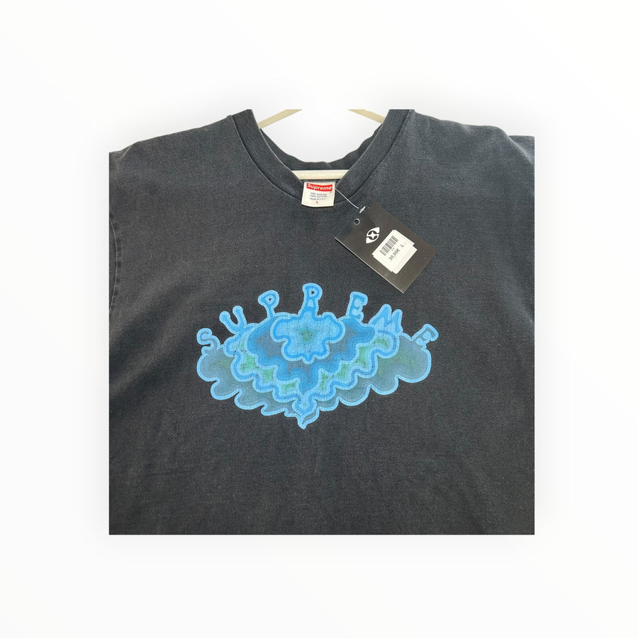 Secondstore black Supreme cotton t-shirt with a vibrant blue cloud graphic print on the chest and a crew neck.