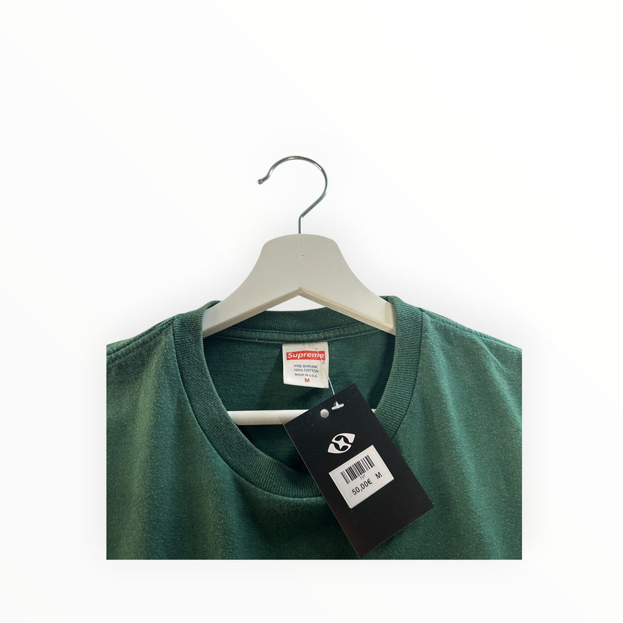 Secondstore forest green Supreme cotton t-shirt with crew neck and original brand label on a white hanger