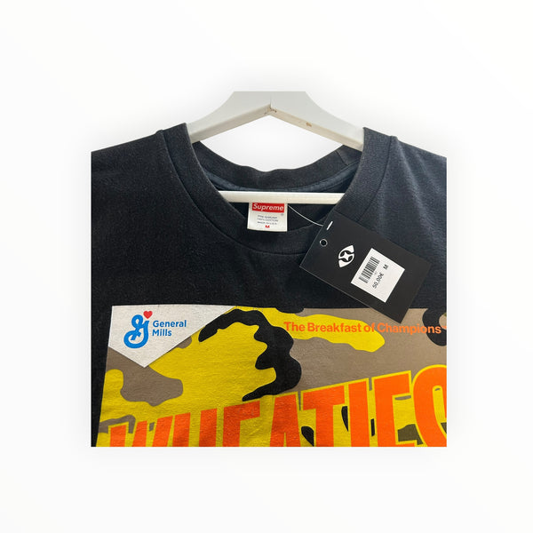 Secondstore black Supreme x Wheaties cotton t-shirt with graphic print and brand tag on a white hanger