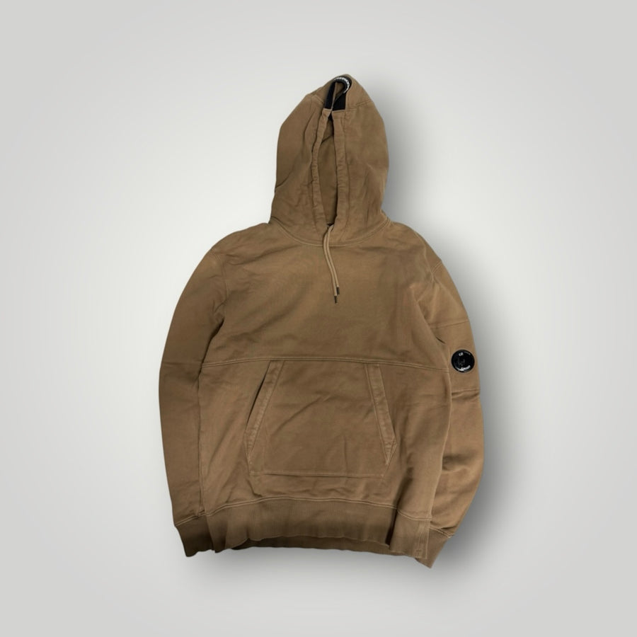 Sweat à capuche beige en coton Secondstore avec poche kangourou et lentille iconique sur la manche