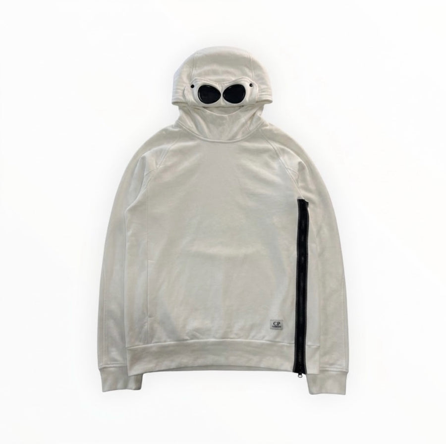 Sweat à capuche blanc Secondstore C.P. Company en coton avec capuche Goggle iconique et fermeture éclair latérale noire