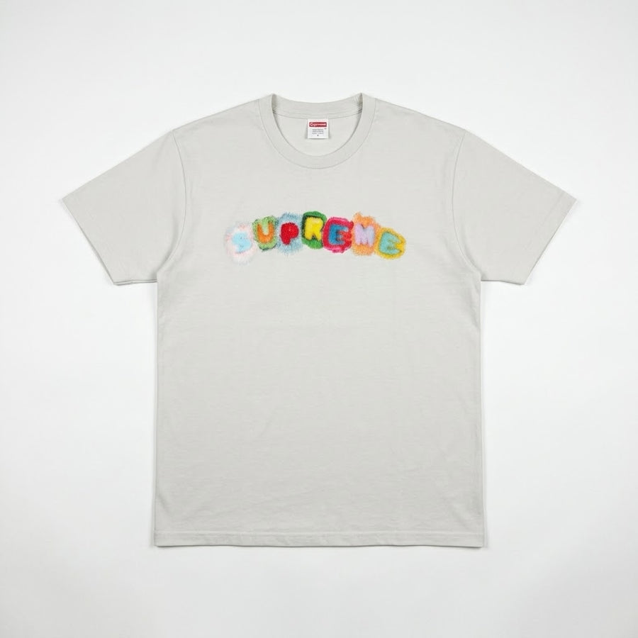 T-shirt Secondstore Supreme gris en coton avec logo brodé multicolore texturé sur la poitrine