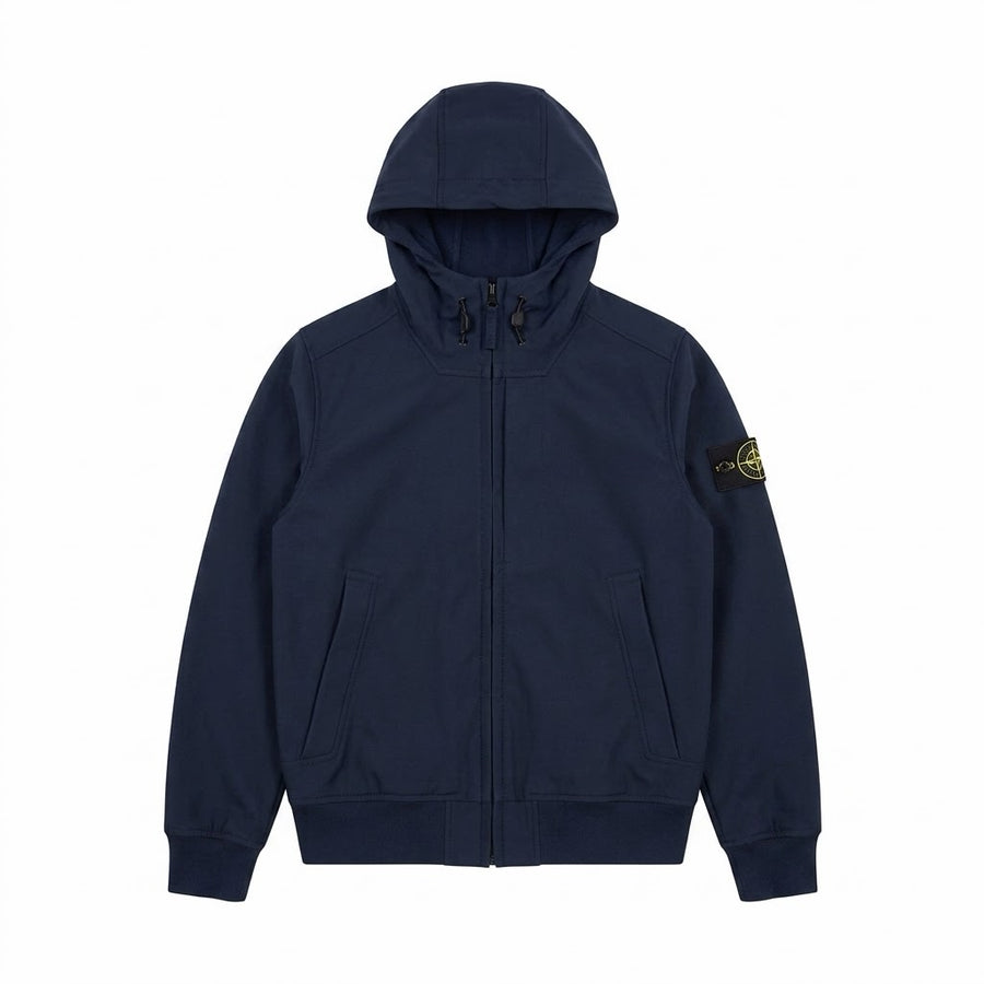 Veste à capuche Secondstore Stone Island bleu marine en tissu technique Soft Shell-R avec badge boussole sur la manche
