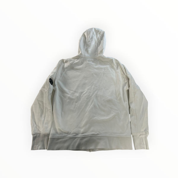 Secondstore white C.P. Company hooded sweatshirt with iconic sleeve lens detail and zip closure