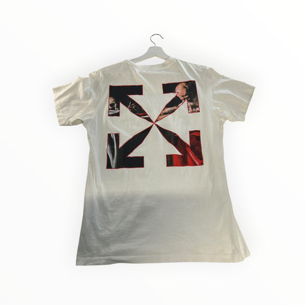 Secondstore white cotton t-shirt featuring a large artistic arrow graphic print on the back