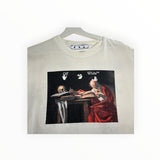 Secondstore white cotton t-shirt featuring an Off-White artistic graphic print of a scholar on the chest.