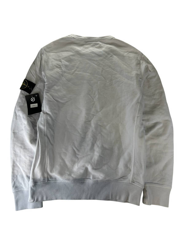 Secondstore white Stone Island crewneck sweatshirt with iconic compass patch on the sleeve and ribbed hem.
